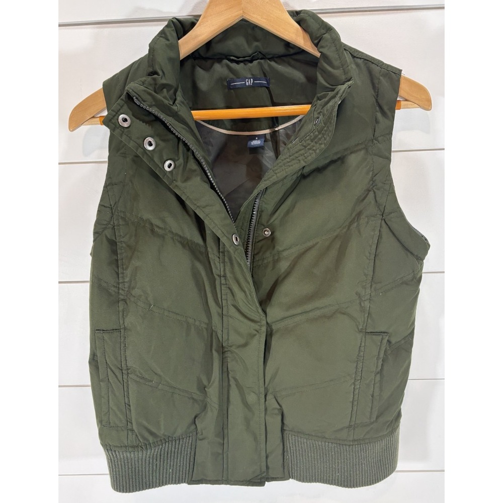 Gap Women's Olive Green Quilted Down Puffer Vest Snap Front Pockets Size Small S